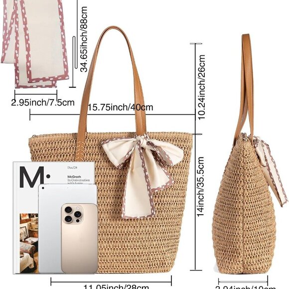 Women's Straw Beach Tote Large Lightweight Summer Purse Travel Work - Picture 3 of 9